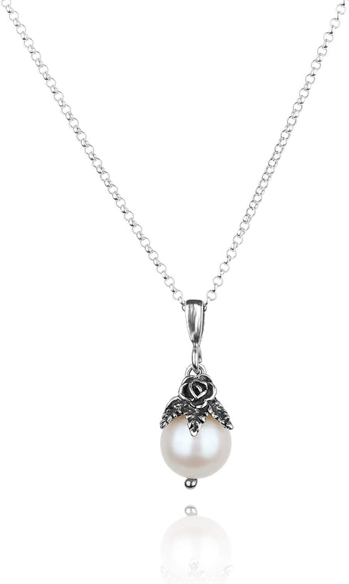 Paz Creations 925 Sterling Silver Pearl Pendant Necklace with Round Ball-Shape White Freshwater Pearl and Handcrafted Floral Cap - Natural Elegant...