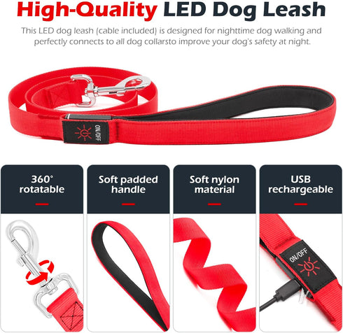 LED Dog Leash Light Up Dog Leash 4 Feet Micro USB Rechargeable Nylon Webbing Glow Safety Standard Dog Leash for Dogs by Bpawser (Red)...