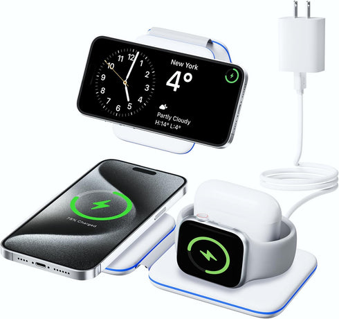 Charging Station for Apple Multiple Devices, 3 in 1 Magnetic Wireless Charger Dock for iPhone 15/14/13/12/Pro/Plus/Max, Travel Charger for Apple W...