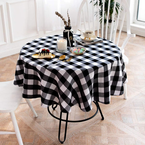Buffalo Plaid Round Tablecloth Checkered Cotton Linen Table Cover for Kitchen Dining Room Home Decor ( Round - 48 Inch, White & Black )...