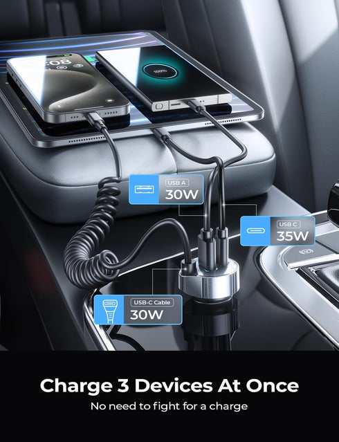 LISEN 65W USB C Car Charger Adapter Fast Charging 5Ft 30W USB C Coiled Cable fit iPhone 15 Charger Fast Charging Car Charger Type C,PD&QC3.0 Car C...