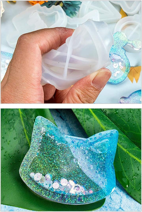 FineInno 11Pcs Quicksand Resin Casting Molds,Resin Art Shaker Mold, Crystal Silicone Hollow Mould Epoxy Pendant Mold Heart, Star, Moon,Bottle,Cat ...