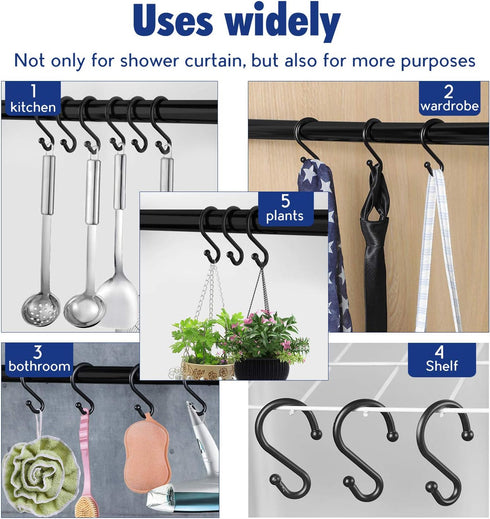 Metal Shower Curtain Hooks?Set of 12 Rings?Rust Resistant S Shaped Hooks Hangers for Kitchen Utensils, Clothing, Towels, etc. (Black)...