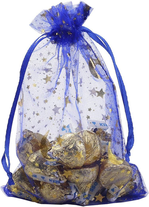 100Pcs 4x6 Inches Sheer Organza Drawstring Pouches Stars and Moon Wedding Party Favor Jewelry Candy Gift Bags (Blue)...