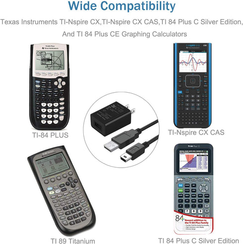 Universal Texas Instruments TI-84 Plus CE Graphing Calculator Power Cord,5Ft Data Cable for TI 84 Plus C Silver Edition Calculator,TI 89 Titanium,...