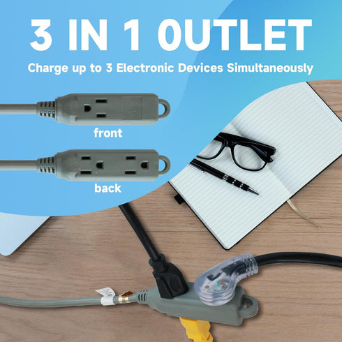 1 Ft Flat Plug Extension Cord, 16 AWG 3 Prong Grounded Low Profile Extension Cable,3 Outlet Extension Wire for Indoor, Grey...