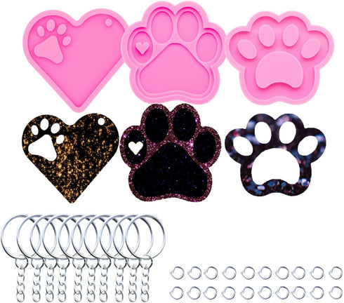 3pc Glossy Resin Silicone Paw Print Molds DIY Making Keychain, Heart with Paw Cutout Epoxy Mold with 10PC Key Ring(DY0129+DY0292+DY0404)...