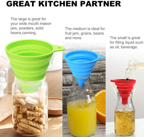Kitchen Funnel Set of 3, Large Medium and Small, Kitchen Gadgets Accessories Food Grade Silicone Collapsible Funnels for Kitchen Use Filling Bottl...