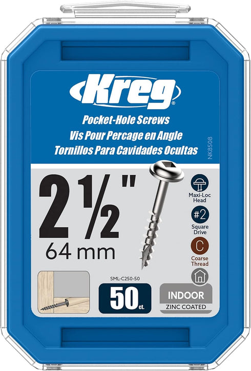 Kreg SML-C250-50 Zinc Pocket-Hole Screws, 2 1/2 Inch, 8 Coarse Thread, Maxi-Loc Head (50 Count)...