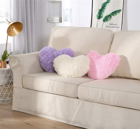 MOOWOO Fluffy Heart Pillow, Shaggy Plush Faux Fur and Sherpa, Cute Soft Throw Cushion, Valentines Day Decorative for Home Bed Couch Gift for Thank...