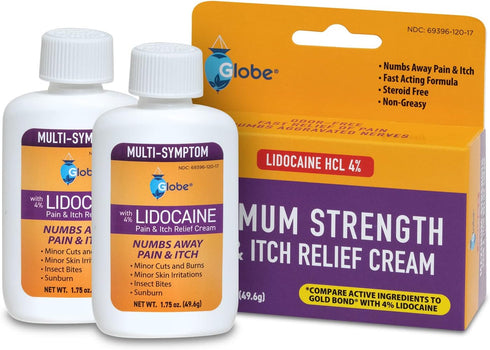 Globe (2 Pack) Lidocaine 4% Multi-Symptom Relief Cream 1.75 oz, Numbs Away Pain & Itch, Steroid Free Non-Greasy Formula (Compare to Gold Bond w/Li...