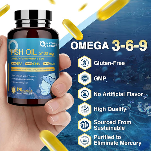 Triple Omega 3 6 9, Fish Oil 2400mg Softgels with Vitamin D3 & E - EPA & DHA & ALA - Supports Heart, Brain, Joint & Immune Health, Sustainably Sou...