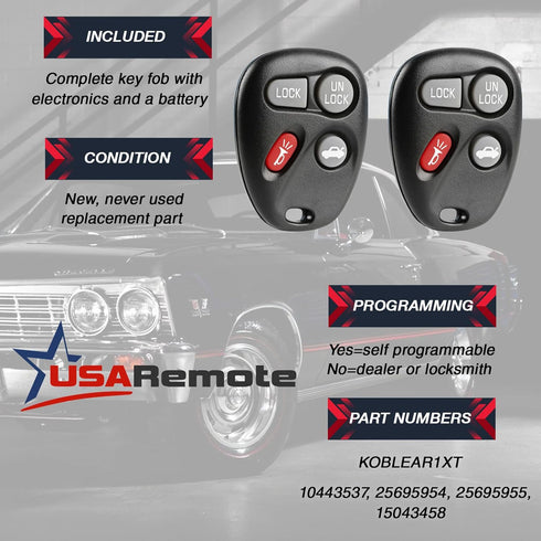 Car Key Fob Keyless Entry Remote fits 2001-2005 Chevy Impala Monte Carlo / 2004 Pontiac Grand Prix (KOBLEAR1XT, 10443537), Set of 2...