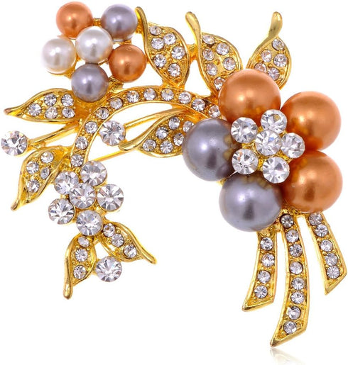 Alilang Womens Yellow Golden Tone Clear Rhinestones Faux Pearls Floral Flower Brooch Pin...