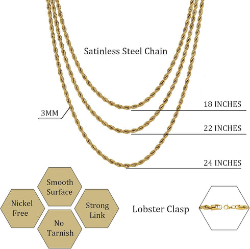 TOPGRILLZ Necklace Set Rope Gold Necklace for Women Silver Necklace 3pcs Layered Chain 3mm Stainless Steel 14K Gold Plated Stackable Jewelry Gift...
