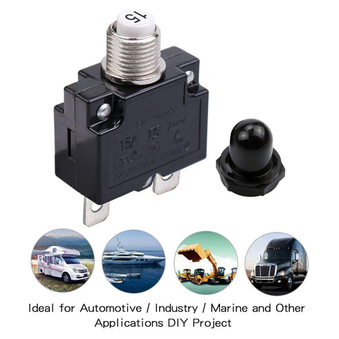 15 Amps Push Button Circuit Breakers, AC 125/250V DC 50V Thermal Overload Protector with Quick Connect Terminals and Waterproof Button Black Cap, ...