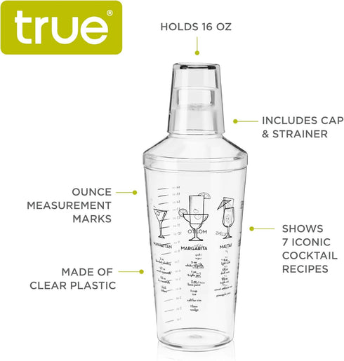 True Plastic Cocktail Shaker for Margarita, Cold Brew Cocktails, Includes 7 Classic Recipes, Espresso Martini Shaker, Home Bar Gifts, Bar Tools, B...