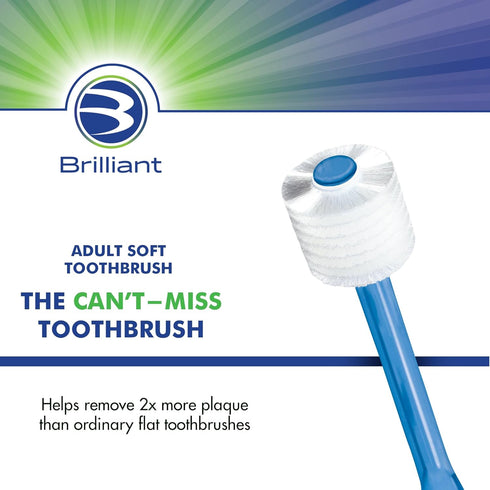 Brilliant Oral Care Adult Toothbrush with Soft Bristles, Round Head, and All-Around Clean for Teeth and Gums, Blue + Clear, 2 Pack...