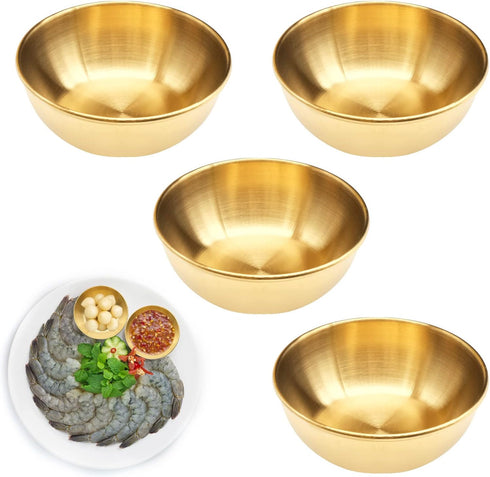 4 PCS Gold Sauce Dip Bowls, Stainless Steel Seasoning Dish, Small Sushi Dipping Bowls, 3.2 inch Round Appetizer Plates...