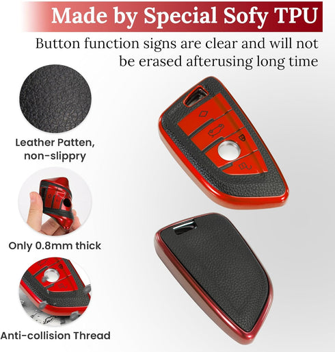 for BMW Keychain with Leather Keychain, Advanced Blade Shape Soft TPU Surface Grain Car Key Case for New BMW Smart Key (Red B)...