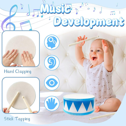 Kids Drum Set,8 Inch Wooden Drum Toys,Educational Baby Drum Toys with an Adjustable Strap and 2 Drumsticks,Sensory Musical Instrument Drum for Tod...