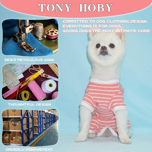 TONY HOBY Female Pet Dog Pajamas, 4 Legged Dog Pjs Jumpsuit with Stripes, Soft Cotton Surgery Recovery Dog Clothes (S, Pink+White-Girls)...