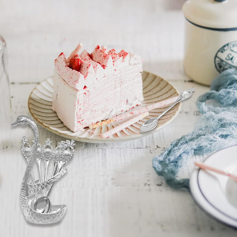 Metal Coffee Dessert Spoon Set, Swan Base Holder Spoon Organizer with 6pcs Spoons for Coffee, Fruit,Dessert,Stirring, Mixing, Sugar, Stir, Ice Cre...