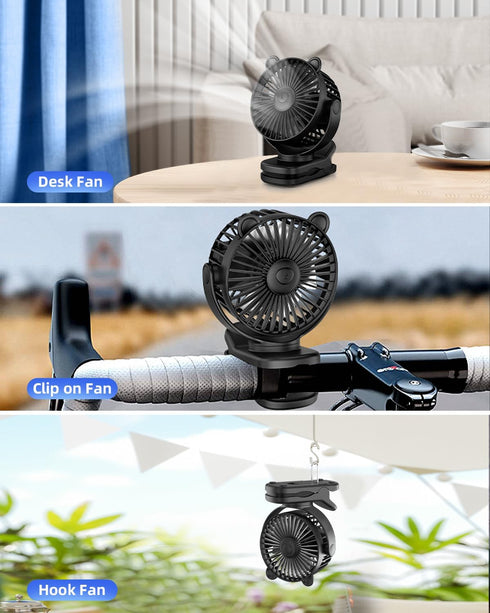 Portable Clip on Fan, Small Desk Fan Battery Operated, 360° Rotation, Cute Design, 3 Speed, Mini Table Fan USB Rechargeable, Personal Cooling Baby...