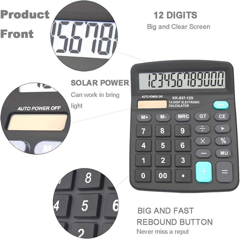 Calculator, BESTWYA Dual Power Handheld Desk Calculator with 12 Digit Large LCD Display Big Sensitive Button (1 Black & 1 Silver)...