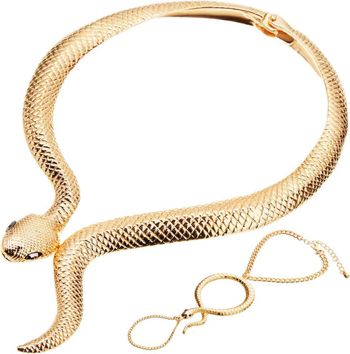 Hicarer Gold Snake Necklace Bracelet Set Adjustable Snake Choker Necklace Hand Chain Bracelet Finger Ring with Black Eyes Vintage Jewelry Set for ...