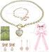 Pearl Coquette Jewelry Set 5PCS - Pearl Bow Earrings Pink Bows for Hair for Women Pearl Choker Necklace Coquette Accessories Trendy Gifts...