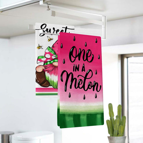 Seliem Sweet Summer Gnome Kitchen Dish Towels Set of 2, One in A Melon Watermelon Bee Hand Towel Drying Baking Cooking Cloth, Pink Green Polka Dot...