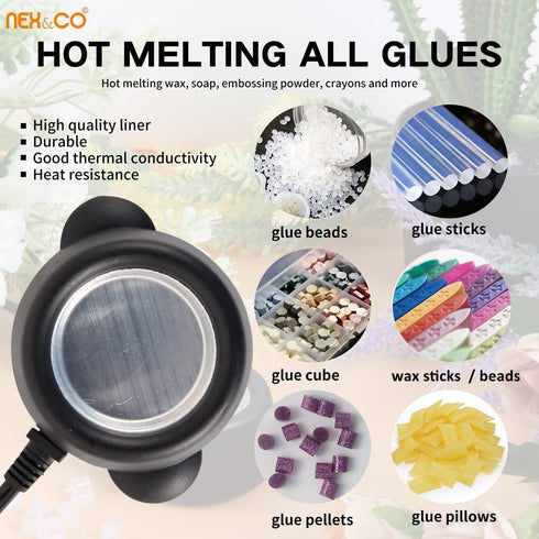 NEX&CO Hot Glue Skillet for Crafting, 30W Mini Electric Hot Glue Melting Pot for Glue Sticks Glue Pellets and Beads, 380 F Constant Temperature Ho...