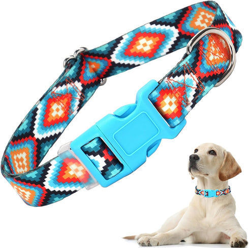 Dog Collar for Small Dogs with Blue African Tribal Mexican Native Boho Pattern, Adjustable Pet Collars for Girl Boy Puppy Dogs XS Small Medium Lar...