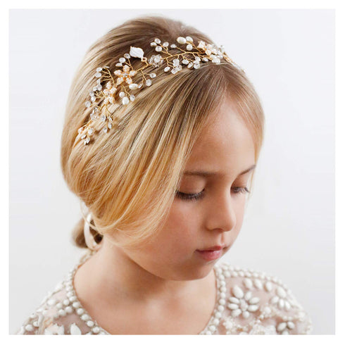 SWEETV Flower Girl Headband for Wedding, Baby Girl Flower Pearl Hair Piece, Gold Headpiece for Birthday Party, Photography...