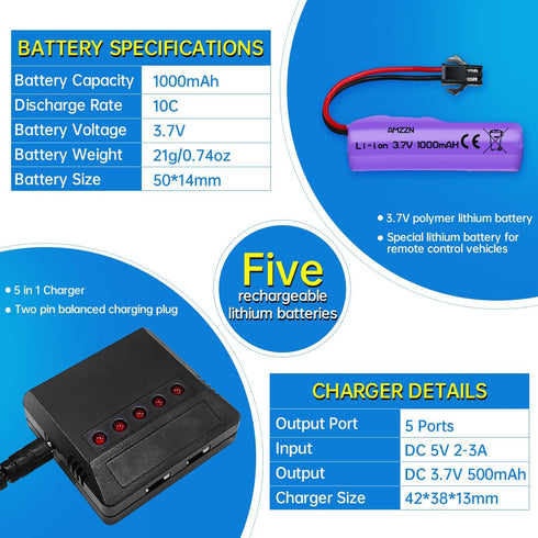 5PCS 3.7V 1000mAh Lipo Battery With 5-IN-1 Charger RC Toy Car Battery SM-2P Plug For TB202 TB201 TM201 TM202 TC141 DE35 DE38 DE40 DE50 RC Cars,Tru...
