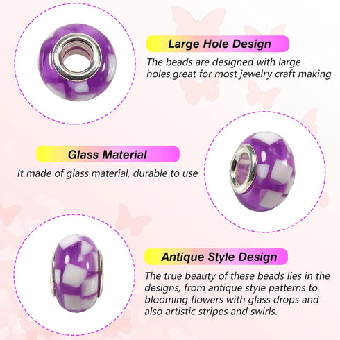 TOAOB 100pcs Assorted European Large Holes Beads Purple Spacer Lampwork Glass Craft Beads Assortments Rhinestone Metal Beads for DIY Charms Bracel...