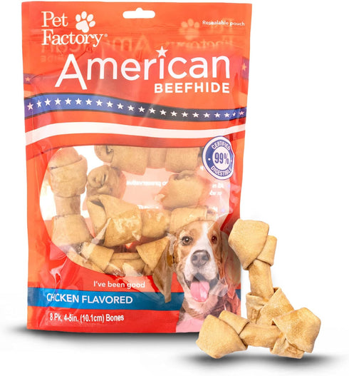 Pet Factory American Beefhide 4-5" Knotted Bones Dog Chew Treats - Chicken Flavor, 8 Count/1 Pack...