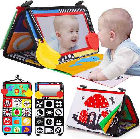 Tummy Time Baby Mirror Infant Toys Newborn Toys 0 3 Months Brain Development with Crinkle Cloth Book and Teether Black and White High Contrast Bab...