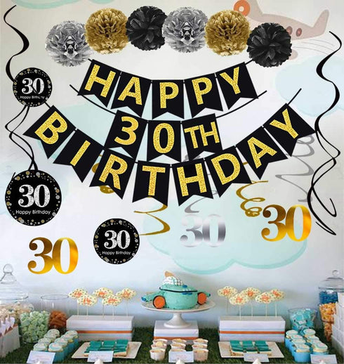 Black & Gold Glittery Happy 30th Birthday Banner,Poms,Sparkling 30 Hanging Swirls Kit for 30th Birthday Party 30th Anniversary Decorations Supplie...