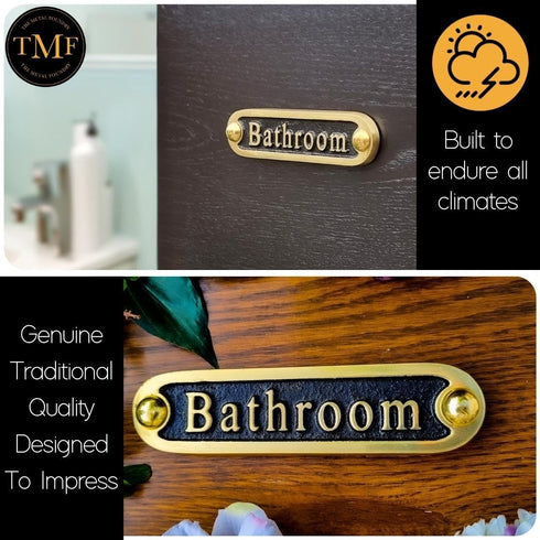 Bathroom Brass Door Sign. Traditional Style Home Décor Wall Plaque Handmade By The Metal Foundry UK....