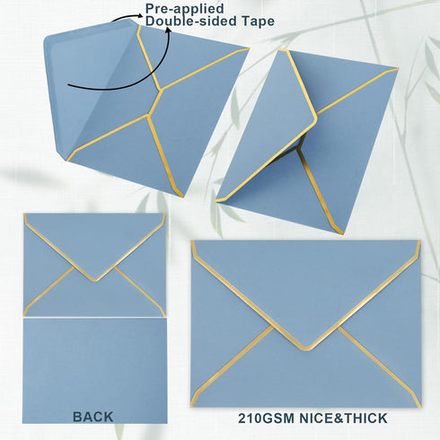 Whaline 50Pcs A7 Invitation Envelopes with Gold Border Dusty Blue Greeting Card Envelopes V-Flap Envelopes Gift Card Sleeves for Mailing Envelopes...