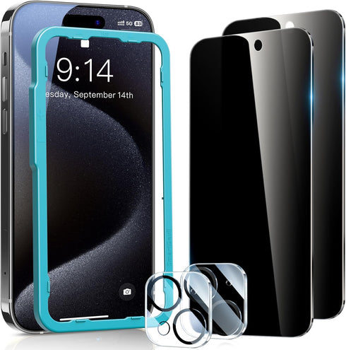 SmartDevil 2Pack Privacy Screen Protector for iPhone 15 with 2 Pack Camera Lens Protector, 9H Anti-Spy Privacy Tempered Glass, Anti-Shatter, Bubbl...