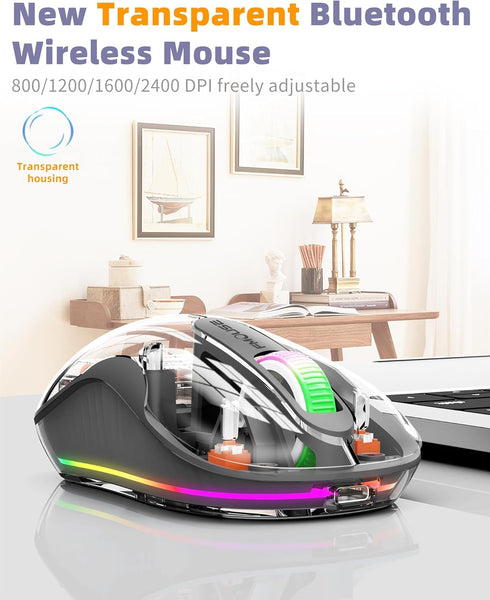 Wireless Bluetooth Transparent Mouse, 2.4GHz with USB & Type-C Two Receiver Compatible with Mac/ipad, 2400 DPI, Portable Laptop Silent Rechargeabl...
