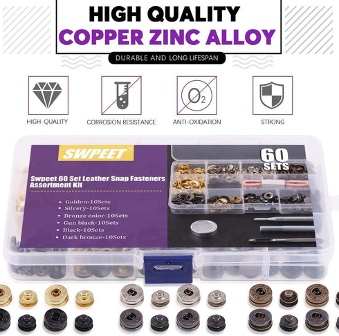 65Pcs 12.5mm Leather Snap Fasteners Kit, Including 6 Colors 60 Sets Leather Rivets with 4Pcs Fixing Tools and Soft Tape Measure, Metal Button Leat...