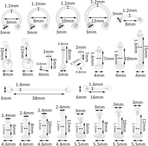 43Pcs Clear Piercing Retainer Set Acrylic Septum Ring Nose Studs Rings Cartilage Navel Tongue Barbells Lip Eyebrow Tragus Earring Clear Piercing J...