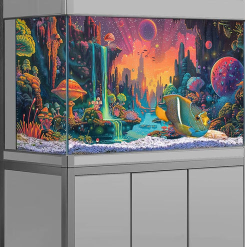 Colorful Galaxy Space Planet Aquarium Background, Waterfall Landscape Tapestry Fantasy Mountain Wave Wall Tapestry Mysterious Neon Plants Fish Tan...