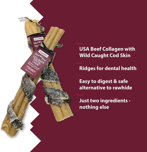 Icelandic+ Beef Collagen Dental Chew Stick Wrapped with Fish 8" Dog Treat...