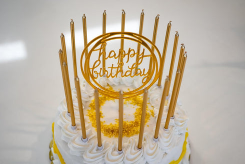 24 Count Tall Thin Metallic Gold Slow Burning Birthday Candles in Holders, and Matching Classy Cake Topper for Special Custom Birthday Cake Cupcak...