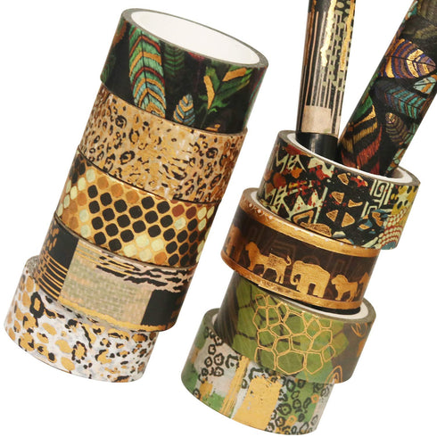 YUBX Wild Animals Washi Tape Set 12 Rolls Gold Foil Print Decorative Masking Tapes for Arts, DIY Crafts, Journals, Planners, Scrapbook, Wrapping (...